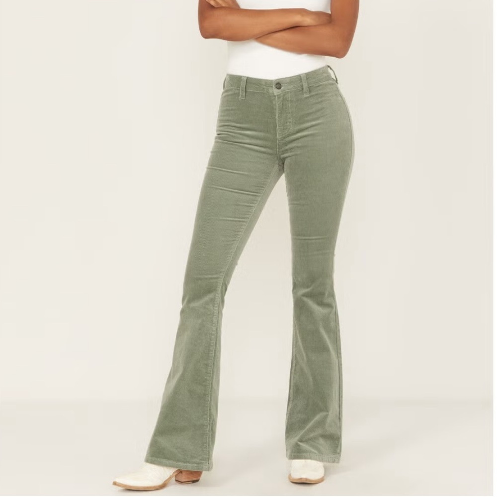 Rock & Roll Women's Green High Rise Bargain Button Flare Corduroy Pants 29 x 34